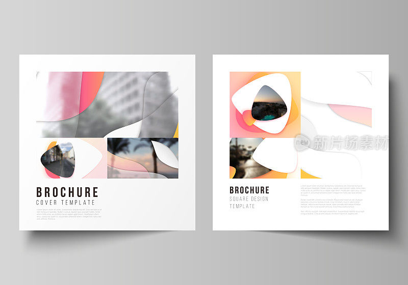 The minimal vector illustration layout of two square format covers design templates for brochure, flyer, magazine. Yellow color gradient abstract dynamic shapes, colorful geometric template design.